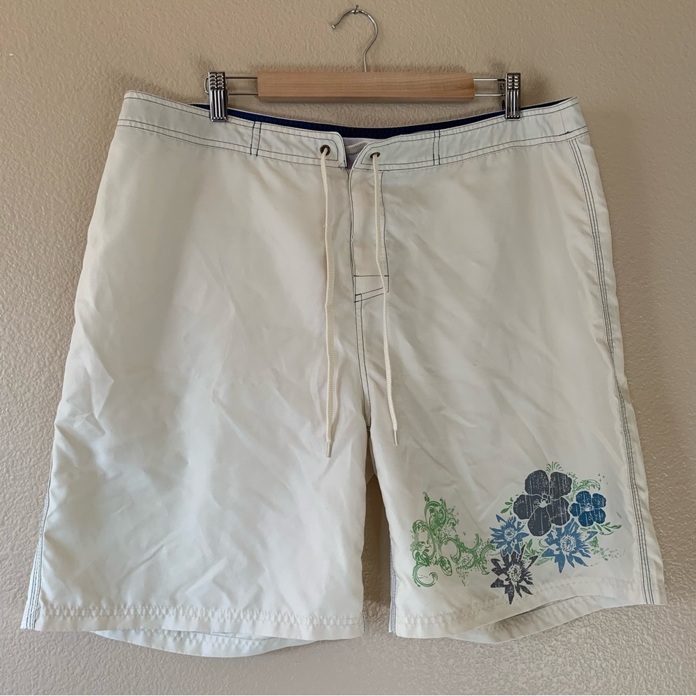 Board Shorts 16 Ivory Cream Blue Tropical Floral West Tek Outdoors